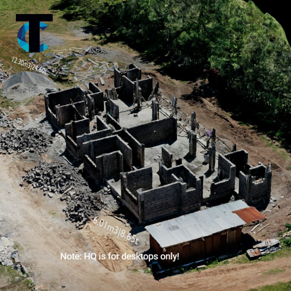 Aerial view of a construction site with material annotations